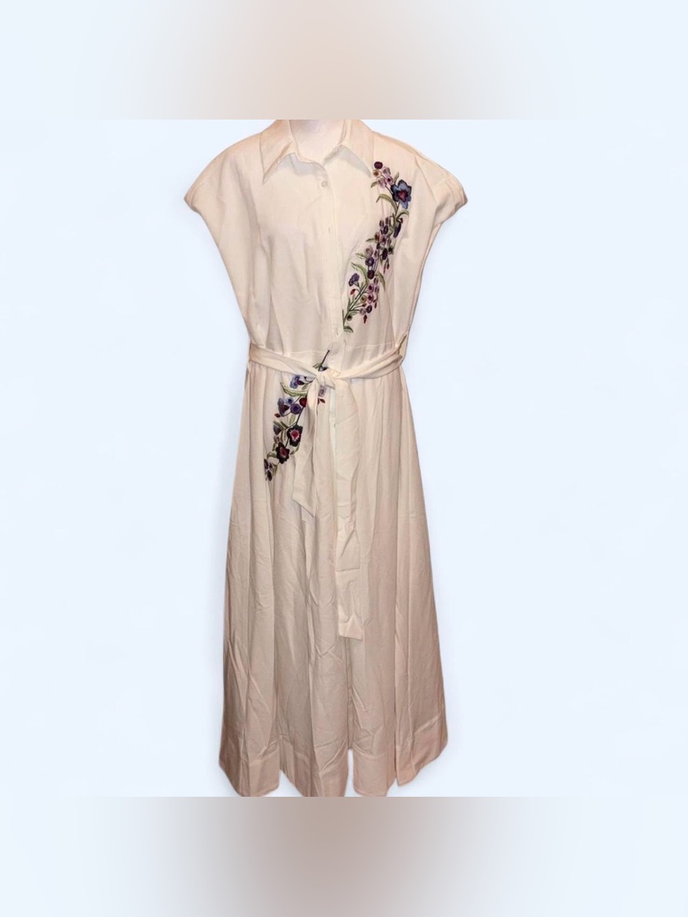 Women’s Cream Embroidered Shirt Dress with Tie Waist